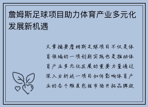 詹姆斯足球项目助力体育产业多元化发展新机遇